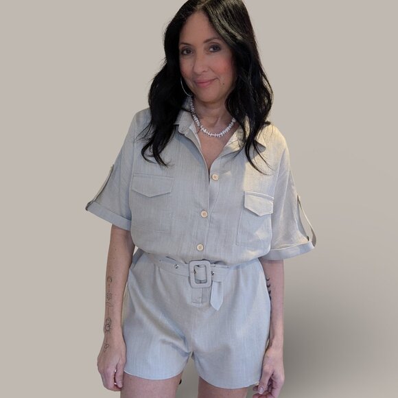 Mable Lt. Taupe Alice Linen Button Up Romper - Small - NWT - Picture 4 of 11